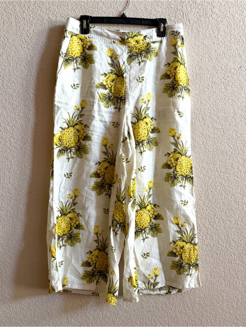 Tahari Ankle Pants Large 100% Linen Wide Leg Pineapple Tropical Resortwear Beach